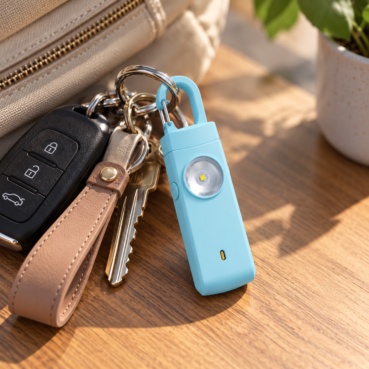 Illustration: the alarm clipped onto a keyring